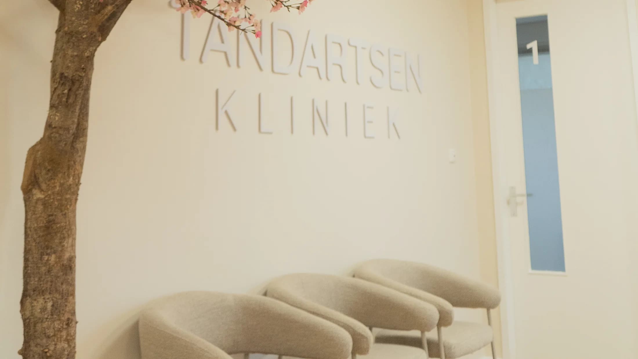 Wachtkamer met bloesemtakken, stoelen langs de muur en de belettering Tandartsen Kliniek.