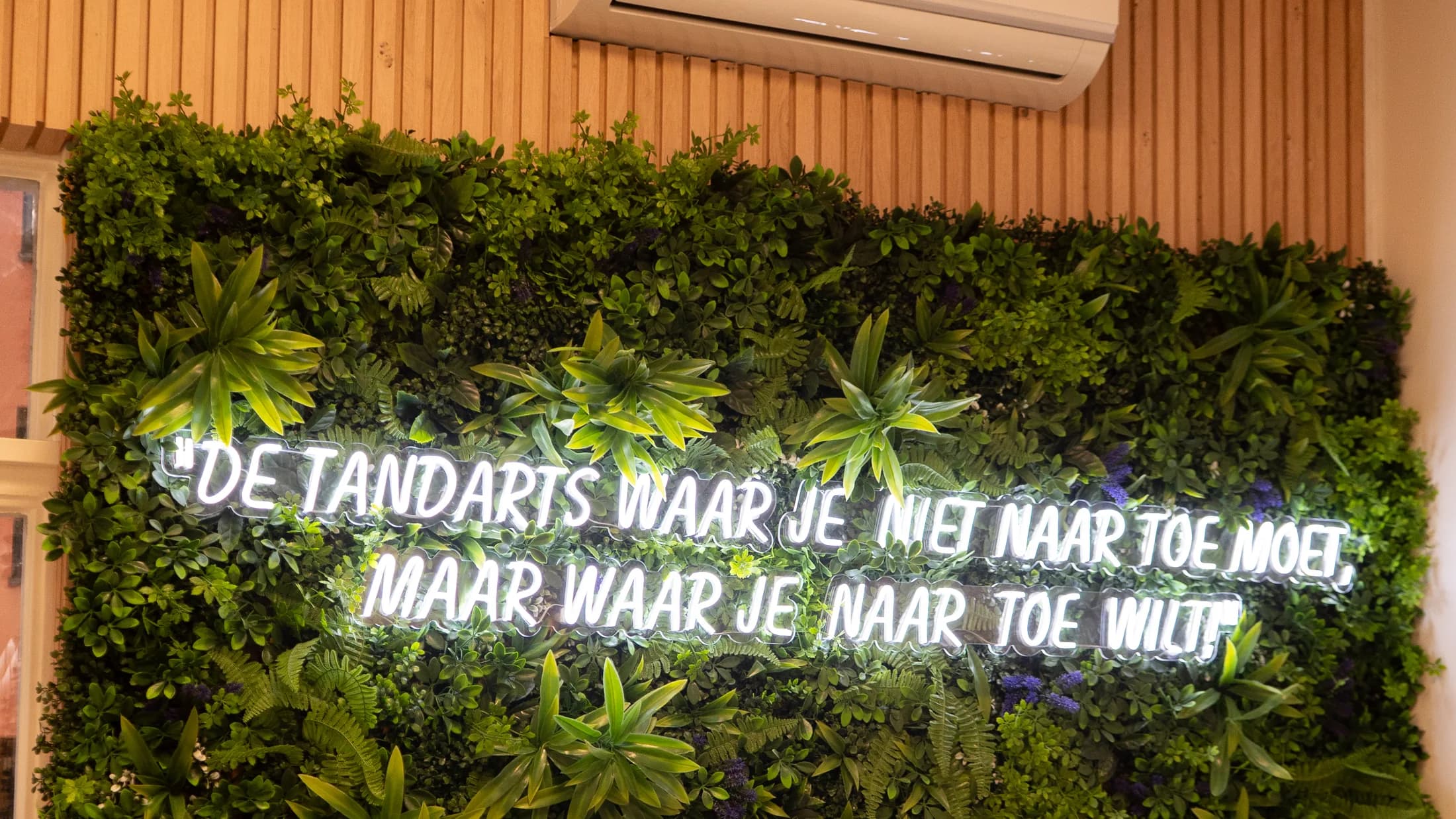 Neonslogan op een groene plantenwand boven een houten lamellenwand in de praktijk.